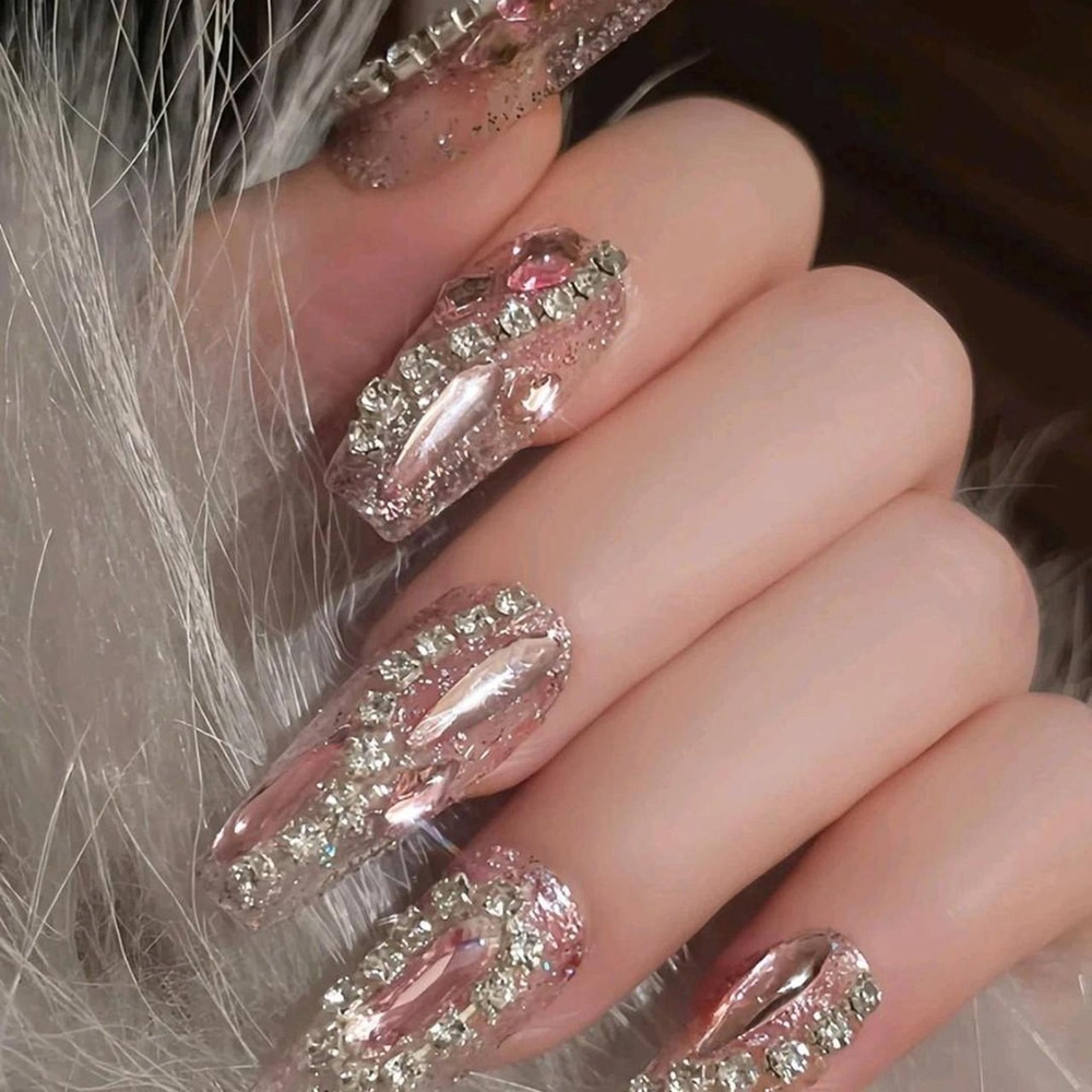 24PCS Y2K Sparkling Rhinestone Ballet False Nails with Jelly Gel & Nail File Sh